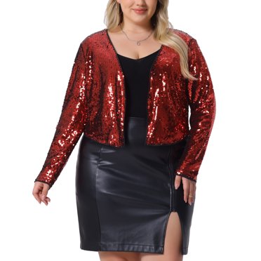 Agnes Orinda Plus Size Halloween Outfits Sequin Cardigan for Women Glitter Shinny Metallic Long Sleeve Shrug Bolero Cardigans Jackets 3X Red