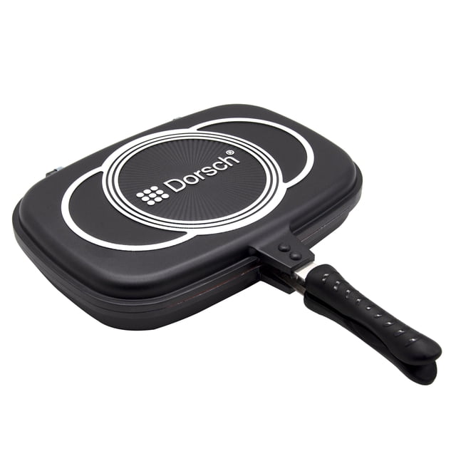 Lifetime Double Grill 36 cm par Dorsch, une Plaque de Cuisson Polyvalente avec un Corps en Aluminium Moulé sous Pression et un Revêtement Céramique Multicouche Antiadhésif PROGLIDER. Sans substances Toxiques comme le PTFE et le PFOA, Elle Assure une distribution Optimale de la Chaleur et une Durabilité. Certifiée TUV pour la Sécurité, Cette Plaque de Cuisson Ne Convient Pas aux Plaques à induction et Dotée d'Une Poignée Ergonomique pour une Utilisation Facile. Simple à Nettoyer avec de l'Eau Savonneuse.