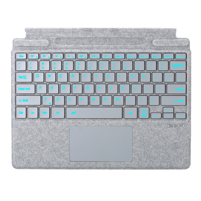 Multicolor Backlit Bluetooth Keyboard for Microsoft Surface Pro 8/9/10/11/X with Bluetooth 5.3 connectivity, slim design, detachable magnetic connection, and large touchpad. The light grey keyboard features vibrant blue backlit keys with seven color options and a spacious multi-touch trackpad with palm rejection. Compatible with various Surface Pro models, it offers ergonomic and quiet typing, long battery life, and flexible use for work or entertainment.