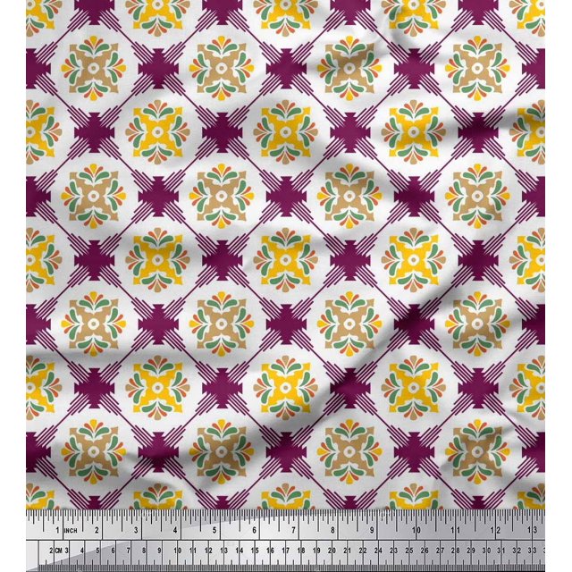 Soimoi Polyester Crepe Fabric Geometric & Flower Artistic Printed Craft Fabric by The Yard 42 Inch Wide