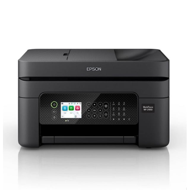 Refurbished Epson WorkForce WF-2950 All-in-One Inkjet Printer in black, featuring a 2.4-inch color display for easy navigation. This multifunction printer offers printing, scanning, and copying capabilities. It supports wireless connections and printing from Android or iOS devices via the Epson Smart Panel app. Designed with heat-free technology and a permanent printhead for long-lasting performance.