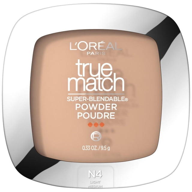 L'Oréal Paris True Match Powder 9.5 g in shade N4 Light Medium, a super-blendable powder foundation in a sleek square silver compact with rounded edges, offering smooth, medium coverage suitable for daily makeup use.