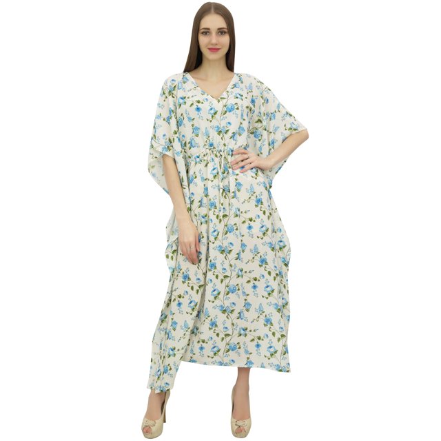 Bimba Printed Caftan Long White Maxi Boho Kaftan Cover Up Drawstring Waist-14