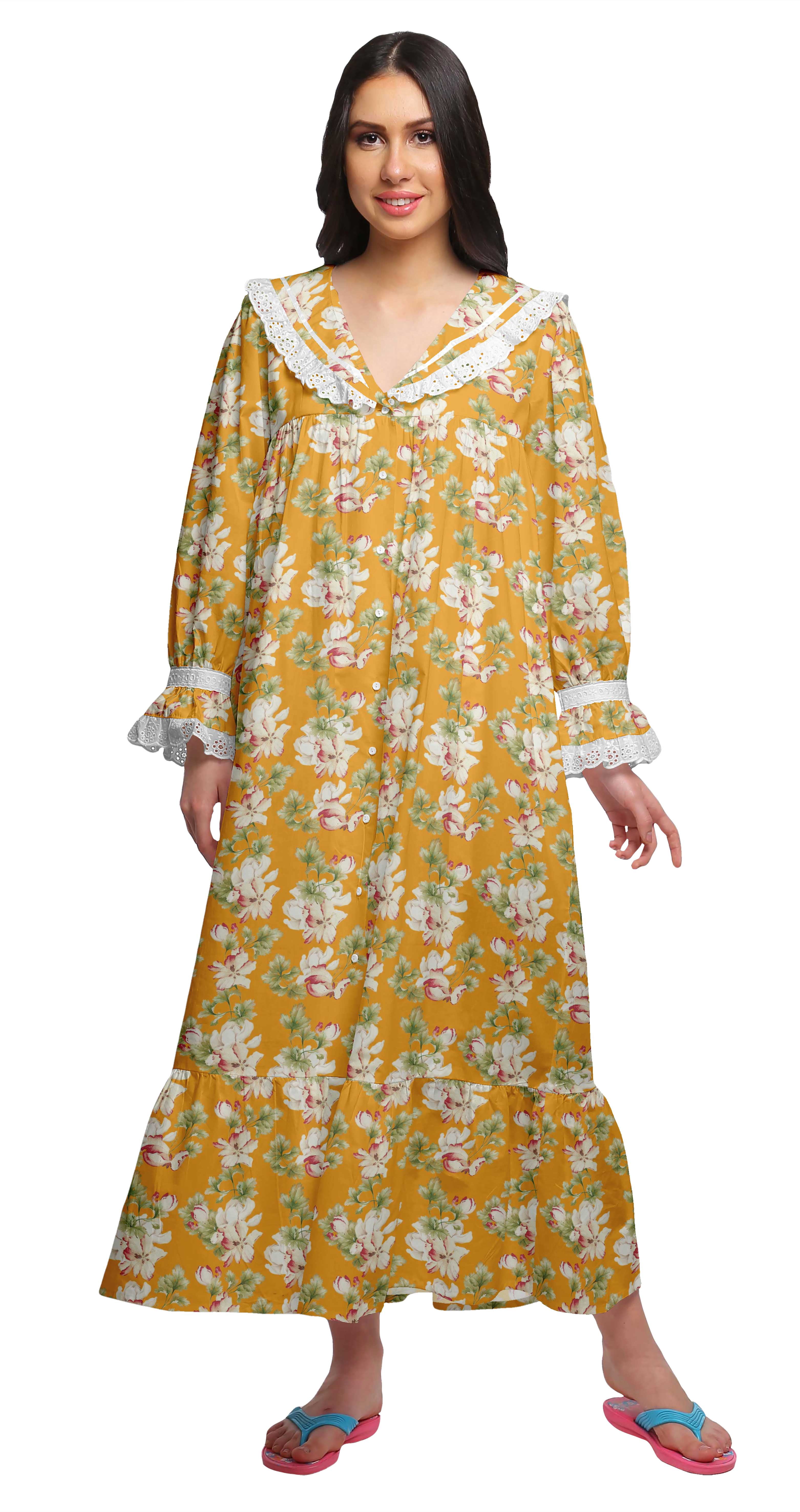 Moomaya Printed Nightdress For Ladies Cotton Ruffled Border Nursing Nightwear