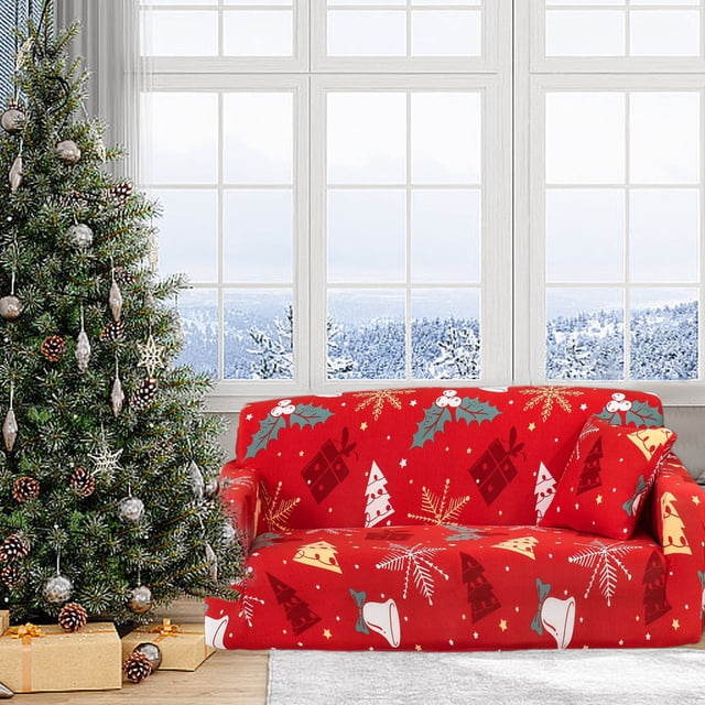 Sofa Protector, Christmas Printed Sofa Cover Santa Claus Elastic Couch Cover Machine Washable Christmas Theme Red Sofa Slipcover for Living Room Festive Sofa Protector