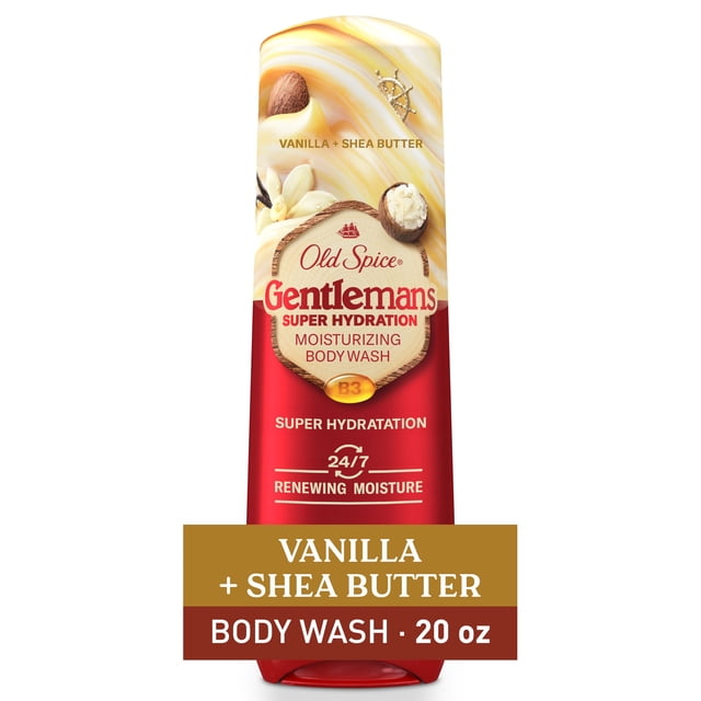 Old Spice Super Hydration Men's Body Wash, Vanilla + Shea Butter, 20 oz bottle with red and cream swirl design, enriched with vitamin B3 for 24/7 moisturizing and renewing moisture, suitable for deep cleansing and hydrating dry skin.