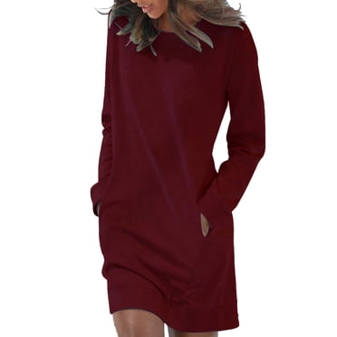 Aocisk Women's Fashion Loose Long Sleeve Solid Color Pullover Sweater with Pocket for Essentials Red XL