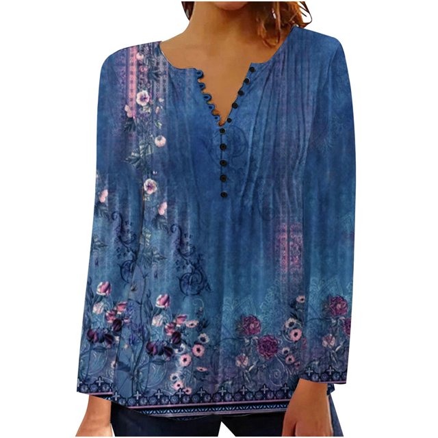 IROINNID Tunique pour Femmes Chemise Surdimensionnée Confortable Été Aguichant Imprimé Manches Longues Col Rond Bouton Haut, Bleu