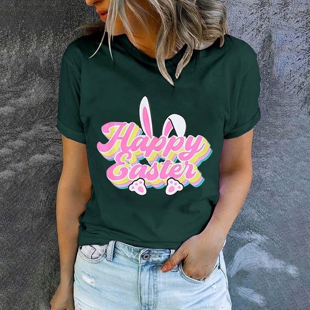 EGNMCR Chandail de Pâques à Manches Courtes pour Femmes, Imprimé de Pâques, T-shirt à Col Rond pour Femmes, Mode, Confortable, Haut pour Femmes, Haut/chemise à Manches Courtes à Col Rond, T-Shirts pour Femmes