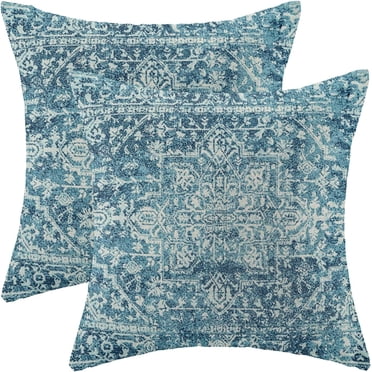 Boho Pillow Covers 18x18 Set of 2, Teal Carpet Pattern Decorative Throw Pillows Linen Ethnic Design Farmhouse Cushion Pillow Covers for Sofa Couch Outdoor Decor