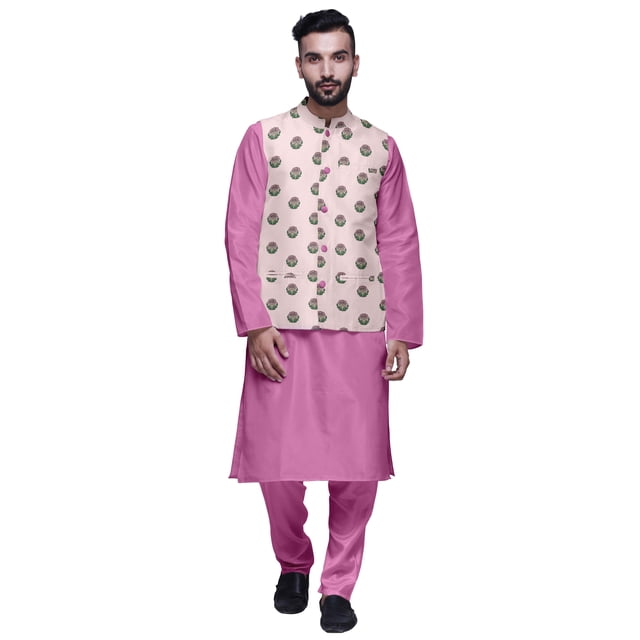 Atasi Mandarin Collar Traditional Solid Kurta Pajama With Printed Jacket Set