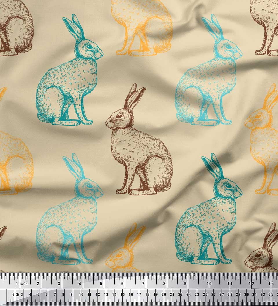 Soimoi Orange Cotton Cambric Fabric Rabbit Animal Printed Craft Fabric by the metre 42 Inch Wide