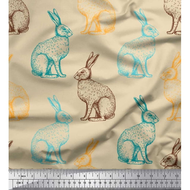 Soimoi Orange Cotton Duck Fabric Rabbit Animal Print Fabric by the metre 42 Inch Wide