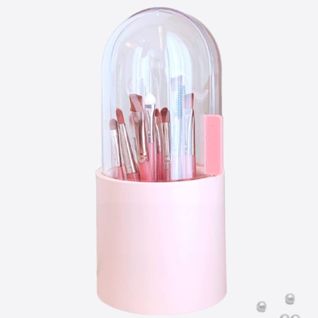 Dustproof Makeup Brush Holder Organizer Cosmetic Brushes Storage Case Display Stand with Crystal Clear Rotating Lid Beautiful Pearls Bedroom Vanity Table Bathroom Cabinet Countertop Gift