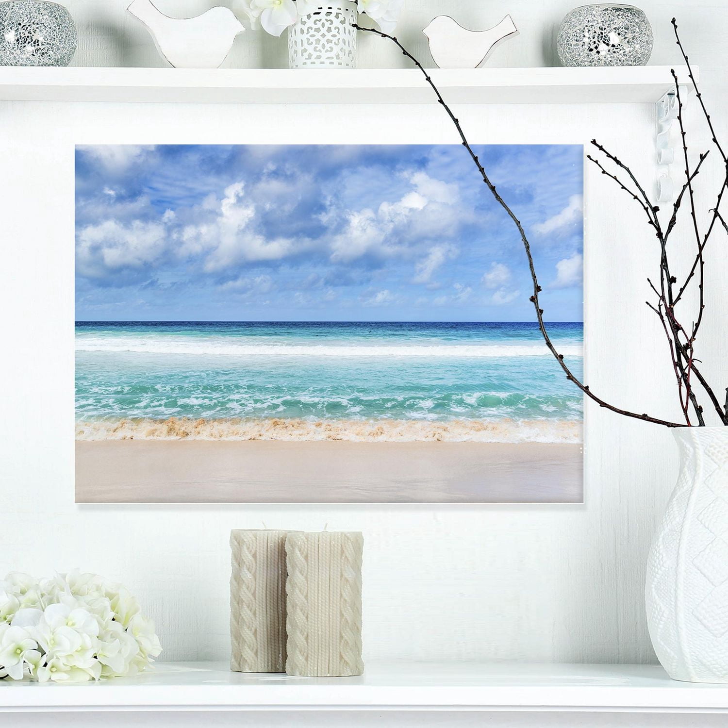Designart Tranquil Beach under White Clouds Canvas Wall Art