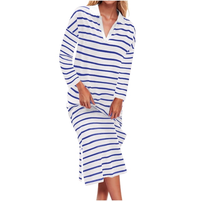 NJDVHB Robes d'Hiver pour Femmes, Robes Chandail Femmes, Robes de Vacances pour Femmes, Robe à Rayures pour Dames à Manches Longues Col à Revers Fente Latérale Décontractée de Plage Maxi, Bleu, TTG