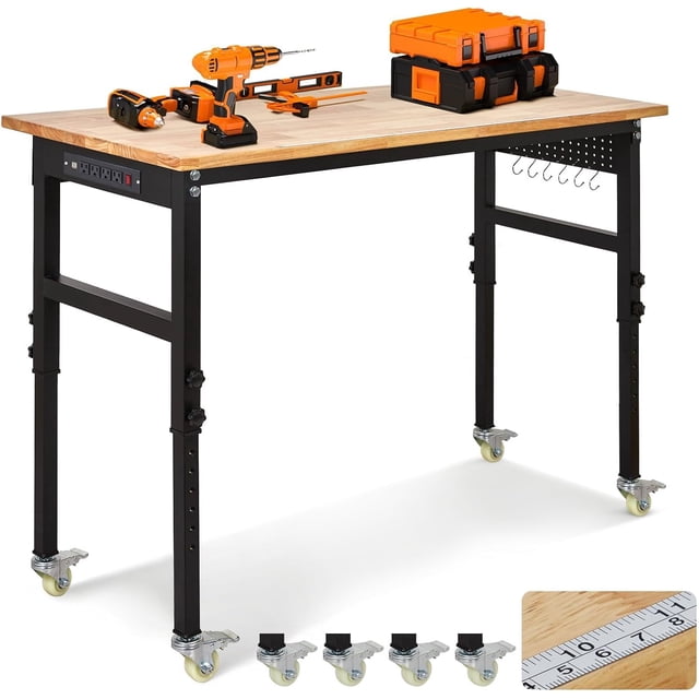 60 In Adjustable Workbench with Power Outlets and Wheels 2000 lbs Heavy Duty Garage Work Table with Pegboard and Rubber Wood Top