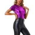 thumbnail image 4 of INSPIRE CHIC Women's Party Metallic Textured Short Sleeve Shiny Multicolor Top Purple M, 4 of 5