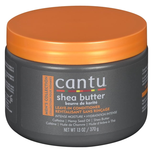 Cantu Leave In Conditioner in a black round jar with an orange lid, formulated for men’s wavy, curly, and coarse hair. Contains shea butter, caffeine, and hemp seed oil to hydrate, strengthen, and prevent breakage, ideal for daily moisturizing hair care.