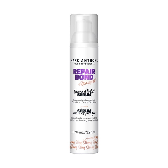 Marc Anthony® Repair Bond +RescuplexTM Nourrir et Protéger Serum en Bouteille à Pompe Blanche avec Bouchon Transparent, avec Texte Violet et Noir, Formulé pour Restaurer les Cheveux Secs et Abîmés, Lisser les Frisottis, Rehausser la Brillance et Protéger de la Chaleur jusqu'à 450oF, 94 ml (3,2 fl oz).