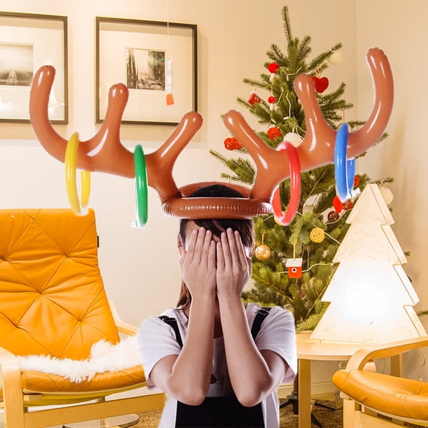 2 pièces de jeux d'anneaux gonflables en bois de renne, jeu gonflable de lancer d'anneaux en bois de renne, jeux de chapeau en bois de renne pour fête de Noël en famille
