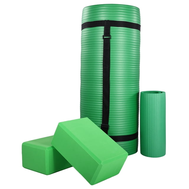 BalanceFrom 71x24x1 Inches Extra Thick Yoga Mat with Knee Pad and 2 Blocks, Green