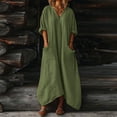 thumbnail image 1 of Mceream Robes Maxi pour Femmes Grande Taille Manches 3/4 Coupe Ample Col en V Ourlet Irrégulier Robe Maxi Ample en Lin avec Poches Robes d'Été pour Vacances à la Plage Vert Armée m, 1 of 7