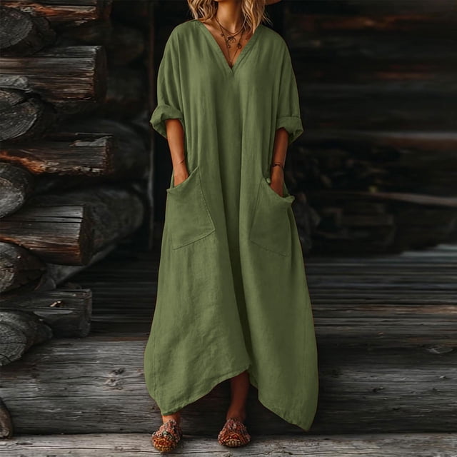 Mceream Robes Maxi pour Femmes Grande Taille Manches 3/4 Coupe Ample Col en V Ourlet Irrégulier Robe Maxi Ample en Lin avec Poches Robes d'Été pour Vacances à la Plage Vert Armée m