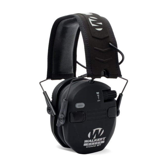 Walker's Razor Slim Electronic Bluetooth Shooting Ear Protection Muff in black, featuring a slim profile with a padded metal-wire framed headband for comfort. Equipped with a noise reduction rating of 23 dB, four omnidirectional microphones, and sound-activated compression with a 0.02-second reaction time. Includes Bluetooth connectivity, independent volume controls, and an audio input jack. Designed for shooting ranges or field use, with foldable construction for easy storage. Operates on 2 AAA batteries.