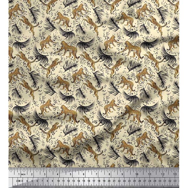 Soimoi Polyester Crepe Fabric Leaves & Leopard Animal Printed Fabric 1 Yard 52 Inch Wide