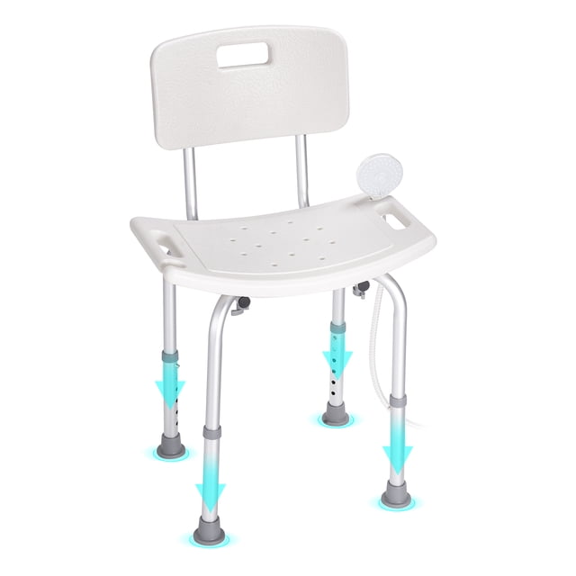 KFFKFF Bath Stool, a height-modifiable shower bench with a backrest, designed for seniors, disabled, and handicapped individuals. Made from durable PE and aluminum alloy, it features non-slip foot pads, a curved seat with drainage holes, and built-in handles for stability and comfort. Adjustable height range of 15.35-20.47 inches with six levels. Includes a shower head holder and storage bag for convenience.