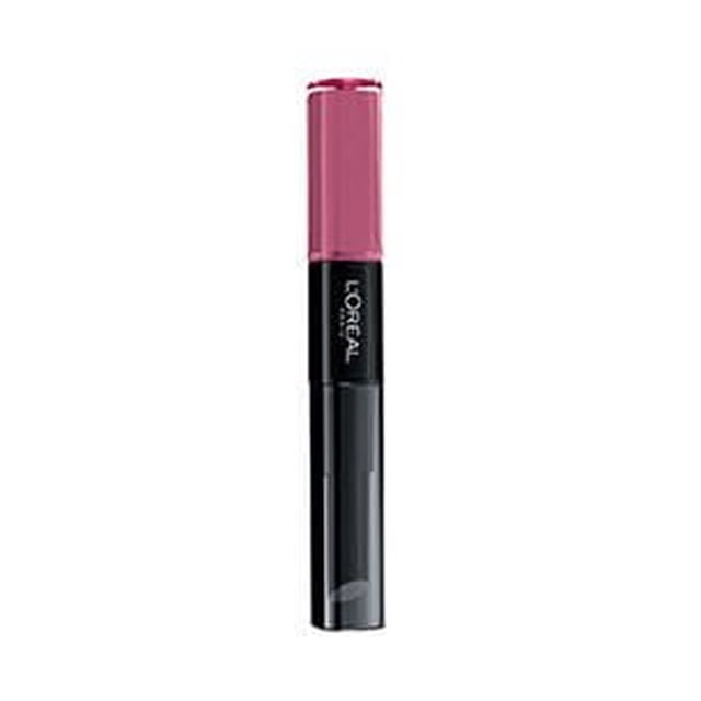 L'Oréal Paris Infaillible 2-Step Lipstick 2.3 ML with dual-ended design featuring a pink lipcolour cap and black base, hyaluron-infused longwear formula for vibrant, smooth lips with all-day moisturizing comfort and no transfer, ideal for precise lip colour application.
