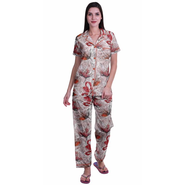 Moomaya Ensemble de Pyjama en Coton Imprimé à Col Cranté, Boutonné, pour Femmes, Tenue de Nuit