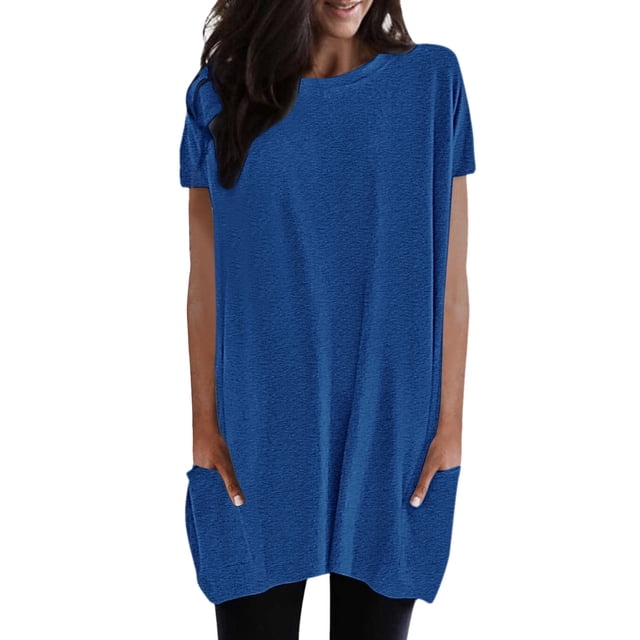 WEIYLL Womens T Shirts Summer Solid Loose Pullover Tunic With Pockets Long Blue Tops Sizes L