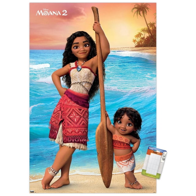 Disney Moana 2 - Affiche Murale Moana et Simea, 22,375 Pouces x 34 Pouces Encadrée, Représentant Moana Pieds Nus sur une Plage Sablonneuse Tenant une Grande Pagaie en Bois, Portant un Haut Crème avec Bordure Rouge et une Jupe à Motif Rouge, avec Simea à Ses Côtés dans une Tenue Rouge et Blanche, Posée sur un Océan Bleu et un Ciel au Coucher du Soleil avec des Palmiers, Convient à la Déco Intérieure à Thème Tropical.