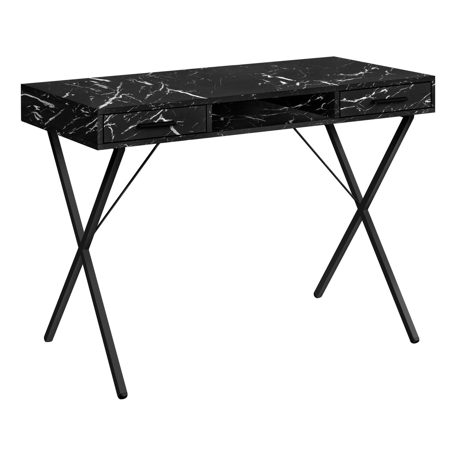 Monarch Specialties Bureau, Bureau À Domicile, Ordinateur Portable, Configuration Gauche, Droite, Tiroirs De Rangement, 42"l, Travail, Métal, Stratifié, D'aspect Marbre Noir, Contemporain, Moderne