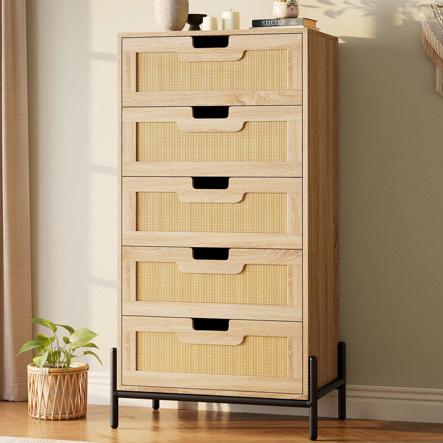 Rattan 5 Drawers Dresser, 23.6''Wx15.7''Dx47.2''H Boho Dresser with Metal Handles, Modern Chest of Drawers with Anti-Tipping & Silent Slides Design for Bedroom, Hallway, Kids Room, Natural