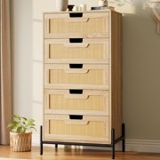 Rattan 5 Drawers Dresser, 23.6''Wx15.7''Dx47.2''H Boho Dresser with Metal Handles, Modern Chest of Drawers with Anti-Tipping & Silent Slides Design for Bedroom, Hallway, Kids Room, Natural
