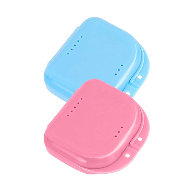 HLONK Étui de Retenue avec Trous d'Aération, Lot de 2, Étui de Protection Buccale avec Fermeture à Pression Serrée, Contenant de Rangement pour Dentiers pour Aligneurs Invisalign, Protège-Nuits, Rose et Bleu, Retenue