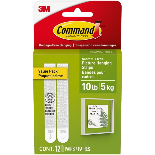 Command Narrow Picture Hangers, Holds 10 lb, White, 12 Pairs Adhesive Strips