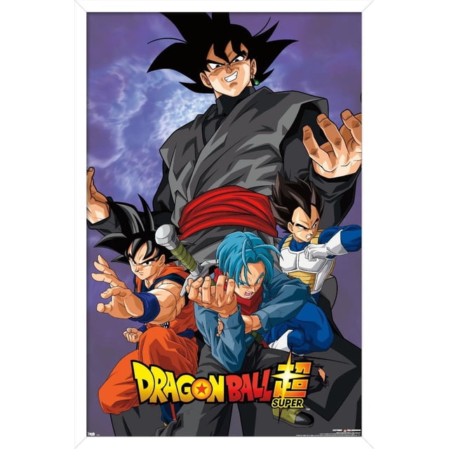 Dragon Ball : Super - Affiche Murale de Méchant, 22,375 Po x 34 Po Mettant en Vedette Quatre Personnages de Dragon Ball en poses d'Action Dynamiques sur un Fond Nuageux Violet. le Plus Grand Personnage Porte une Tenue Gris Foncé avec une Écharpe Rouge, Debout derrière Trois Autres : un dans un gi orange, un avec des Cheveux Bleus Tenant une Épée, et un en Armure Bleue et Blanche. le logo Super de Dragon Ball Est au Bas.