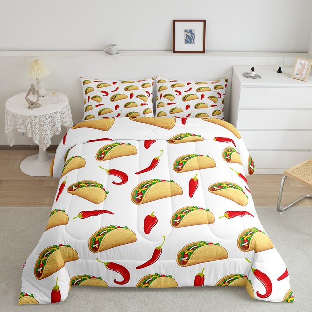 Ensemble de Couette Mexicain Piments Rouges Taco Nachos Burrito Literie, Nourriture Latine Cinco de Mayo Ensemble de Couette avec 1 Taie d'Oreiller, Taille Simple, Multicolore