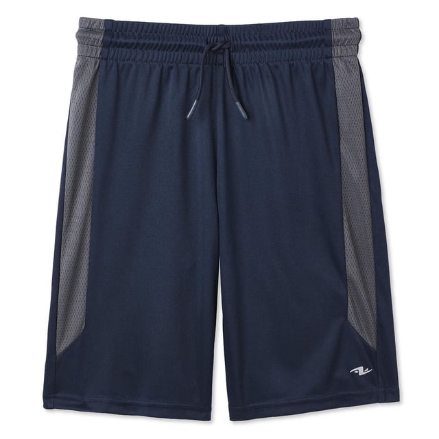 Athletic Works Short Actif en Tricot pour Garçons Bleu Marine avec Empiècements Latéraux en Maille Respirante Grise, Taille Élastique avec Cordon de Serrage, Fabriqué en polyester Recyclé à 100 % avec Technologie d'Évacuation de l'Humidité DRI-MORE pour un Contrôle de l'Humidité et une Coupe Décontractée Idéale pour le Sport Ou les Tenues Décontractées.