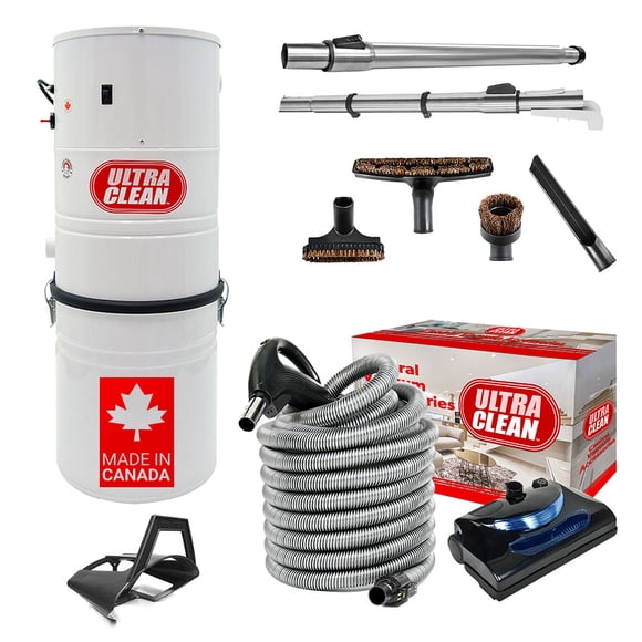Ultra Clean SC100 Système d'Aspirateur Central Puissant Robuste – Fabriqué au Canada – avec Boyau Électrique de Luxe, Tête Motorisée et Ensemble d'Accessoires (Raccordement Direct de 30 Pi, Noir)