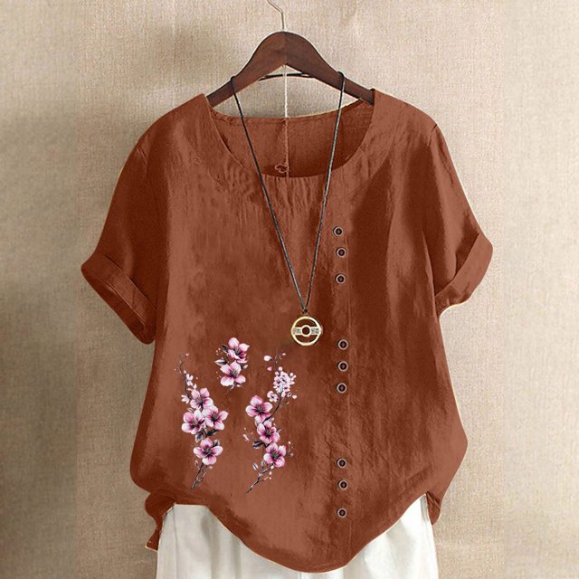 Liquidation Horkkom Chemises en Lin pour Femmes Grande Taille Imprimé Floral Col Rond Manches Courtes Chemises Été Amples Confortables Blouses