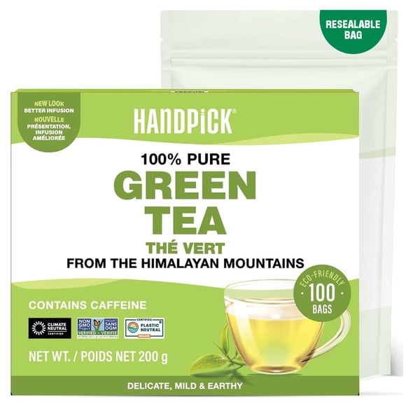 HANDPICK, Organic Green Tea Bags (100 Count) | Refreshing Brew, Rich in Antioxidants, Supports Metabolism | USDA Organic, NON-GMO, Gluten Free, No Artificial Additives | Eco-Conscious Tea Bags
