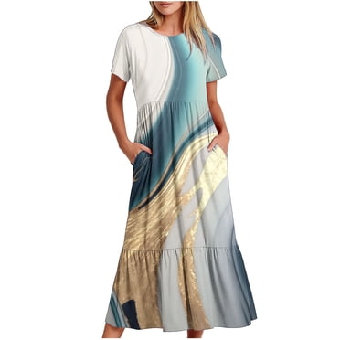 Pisexur Robes d'Été de Plage pour Femmes Décontractées à Fleurs à Manches Courtes Boho Robe Maxi à Fleurs Col Ras du Cou Smockée à Étages Fluide Longues Robes