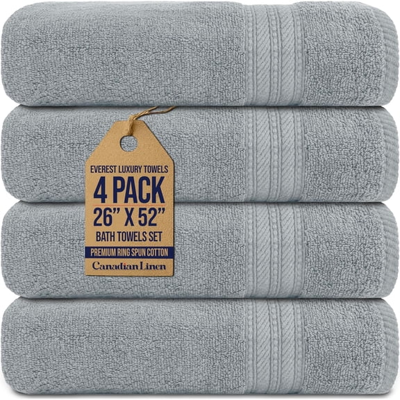 Canadian Linen Everest Luxury Bath Towels, 26”x52”, 4 Pack, Soft Absorbent 100% Cotton Lightweight Quick Dry Bathroom Towels for Home, Gym, Light Grey