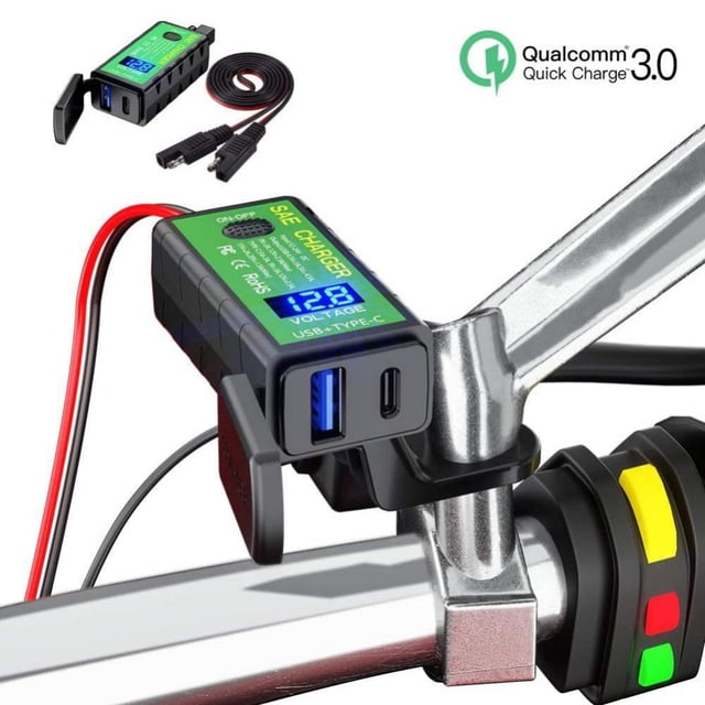 Motorcycle USB Charger SAE to USB Adapter 36W Dual USB Type C PD & Quick Charge 3.0 with Voltmeter & ON/Off Switch for Smart Phone Tablet GPS
