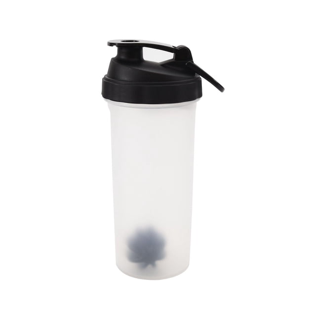 Mainstays Solid Black Plastic Shaker Bottle, 1pc, with translucent body and black screw-on lid featuring flip cap and carry handle, includes agitator ball and measurement lines for mixing protein shakes, smoothies, or flavor-infused water, dishwasher safe and fits standard cup holders.